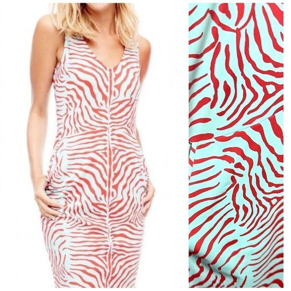 J. McLaughlin Sheath Dress Turquoise Red Zebra Print Sleeveless V-neck Summer M - Picture 1 of 12